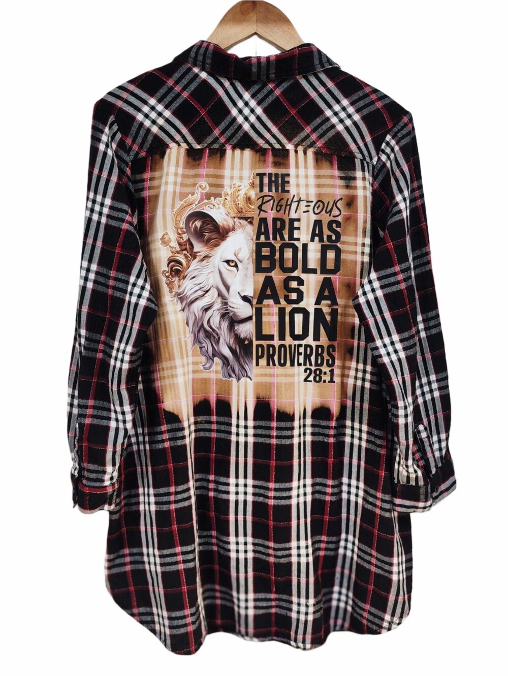 The Righteous Are As Bold As A Lion  Repurposed Christian Theme Plaid Shirt, XL